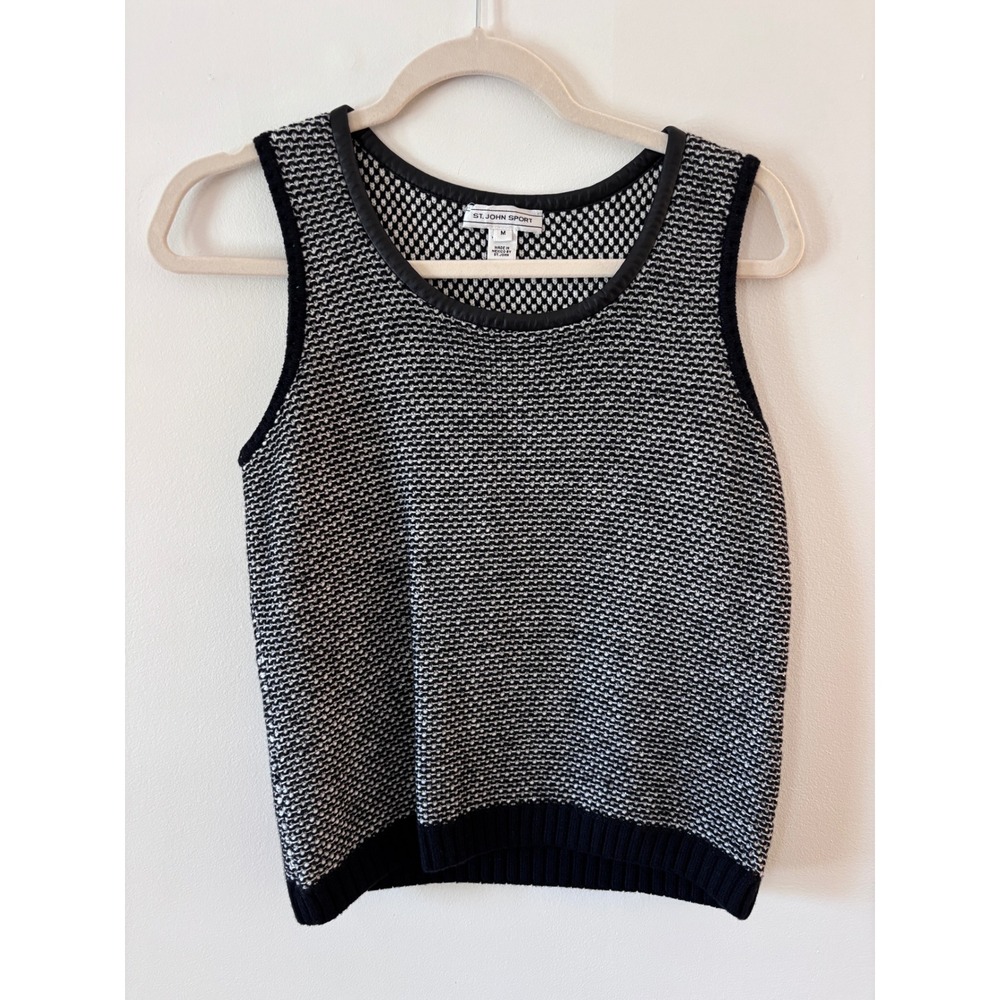 St. John Sport Wool Blend Knit Tank Top‎ Black White Leather Trim Medium